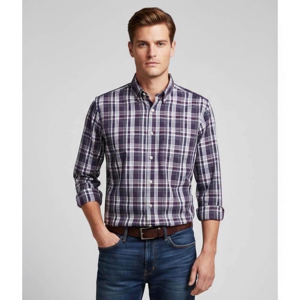 Men's Purple Plaid Button-Down Casual Shirt